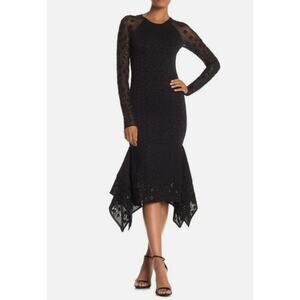 Opening Ceremony Midi Dress Womens L Sequin Handkerchief Hem Black LS NEW FLAW